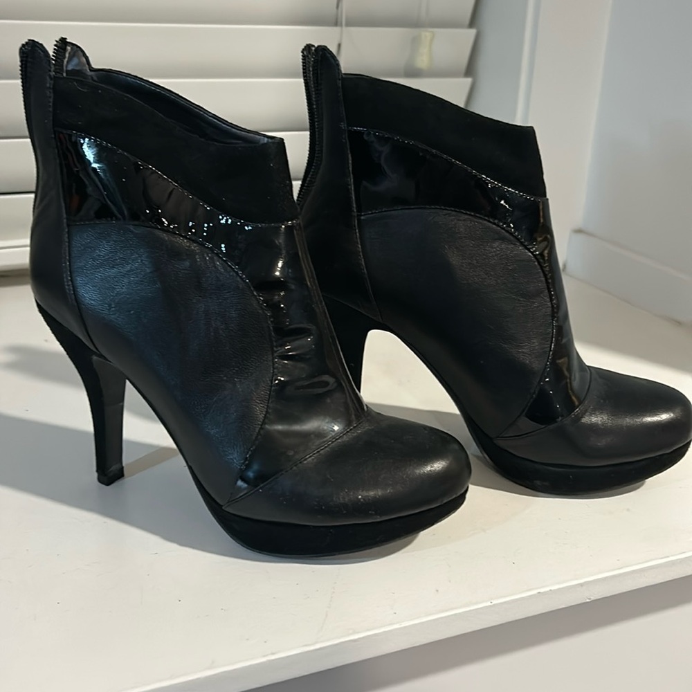 Sacha London Black leather, patent, and suede very unique heel booties.